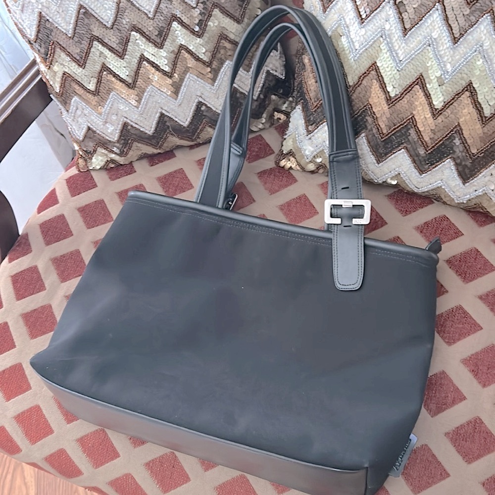 Ann Klein Black Tote hand bag vintage fabric faux leather 3 compartments, large - Picture 4 of 17
